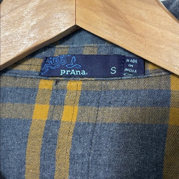 prAna Percy Organic Cotton Flannel Shirt Blue Gray Gold Plaid Size Small - Picture 2 of 5